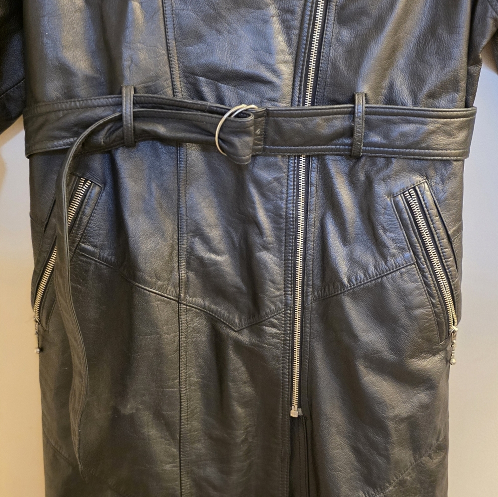 Vintage Korea Long Black Leather Trench Coat Bikers Belted Zippers Punk Medium - Picture 13 of 14